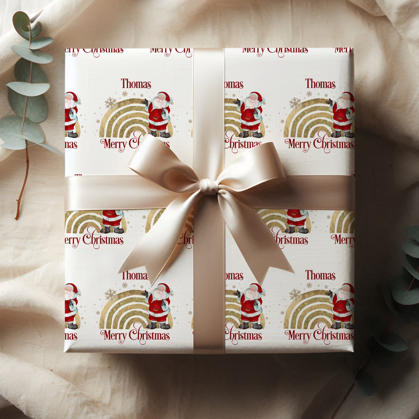 Santa Rainbow Wrapping Paper, Traditional Christmas gift wrap, Personalised gift wrap