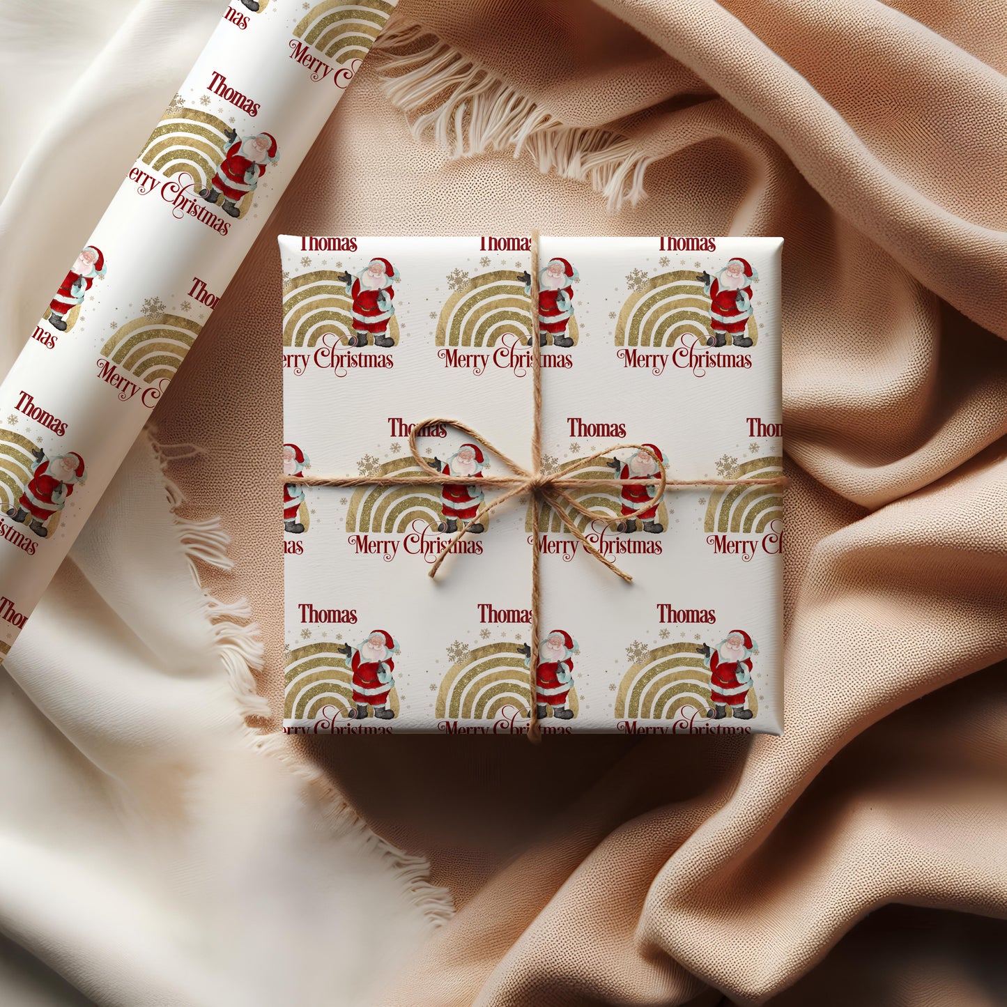 Santa Rainbow Wrapping Paper, Traditional Christmas gift wrap, Personalised gift wrap