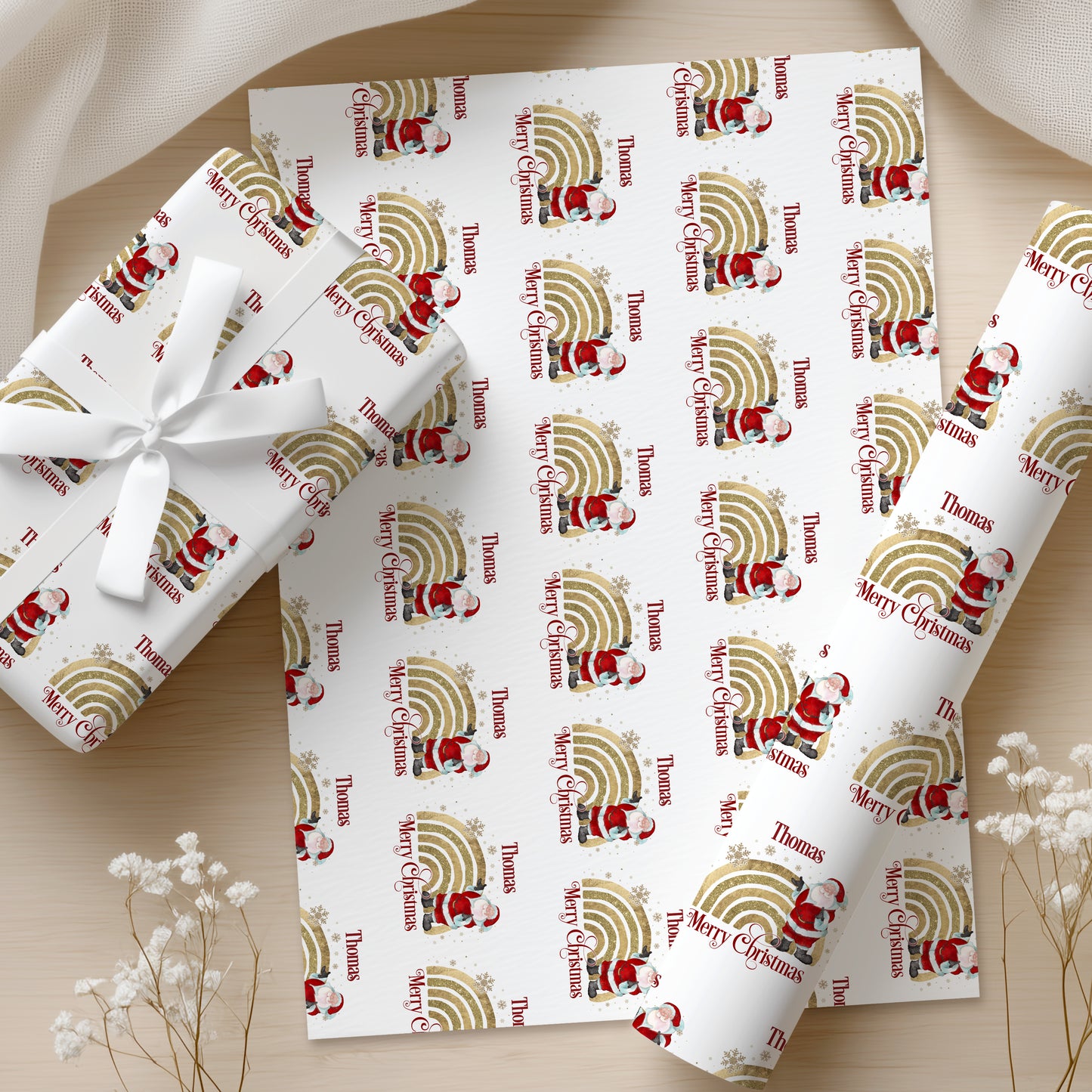 Santa Rainbow Wrapping Paper, Traditional Christmas gift wrap, Personalised gift wrap