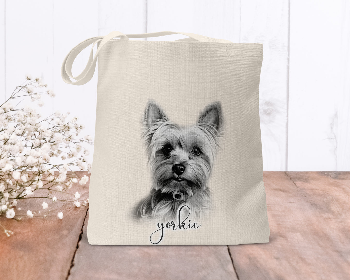 Personalised yorkie linen tote bag
