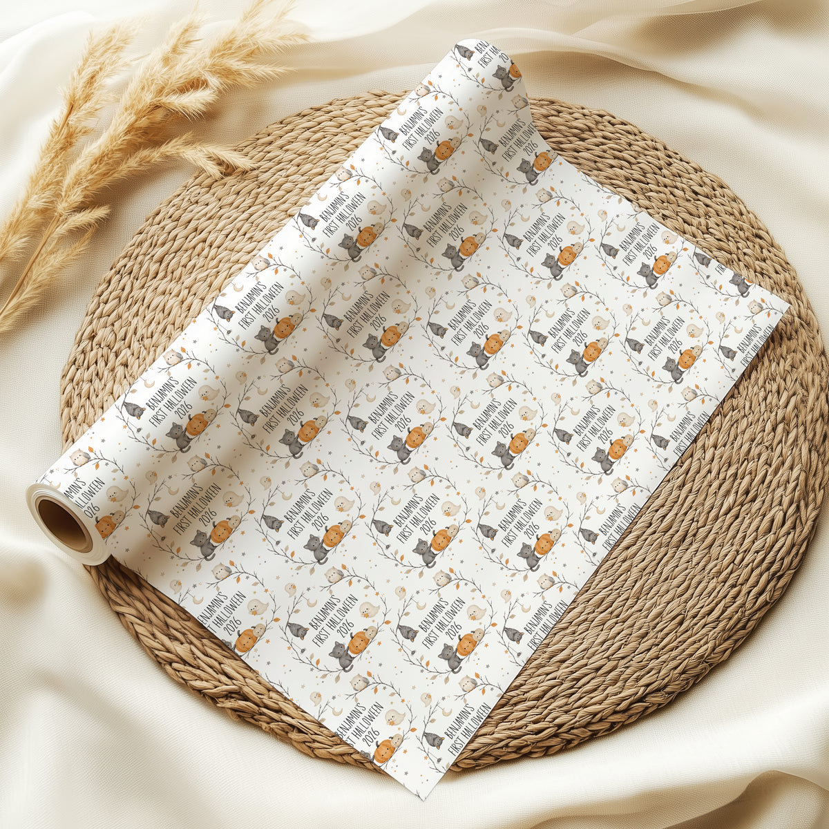 Personalised First Halloween Pumpkin Wrapping Paper – Woodland Animal Gift Wrap