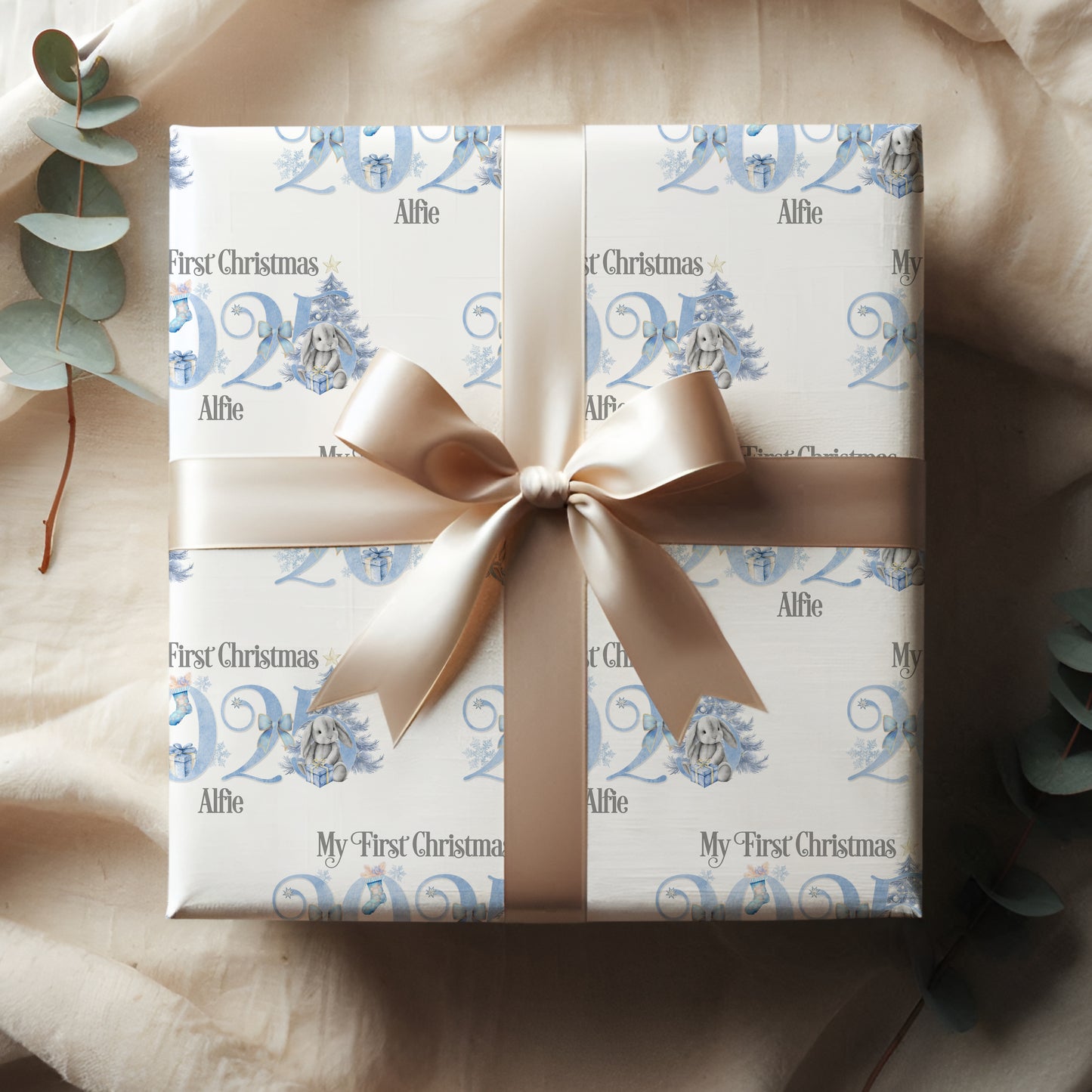 Personalised Bunny 1st Xmas Wrapping Paper Roll, First Christmas 2025 Gift Wrap, Baby Bunny Christmas gift, Wrapping paper with name