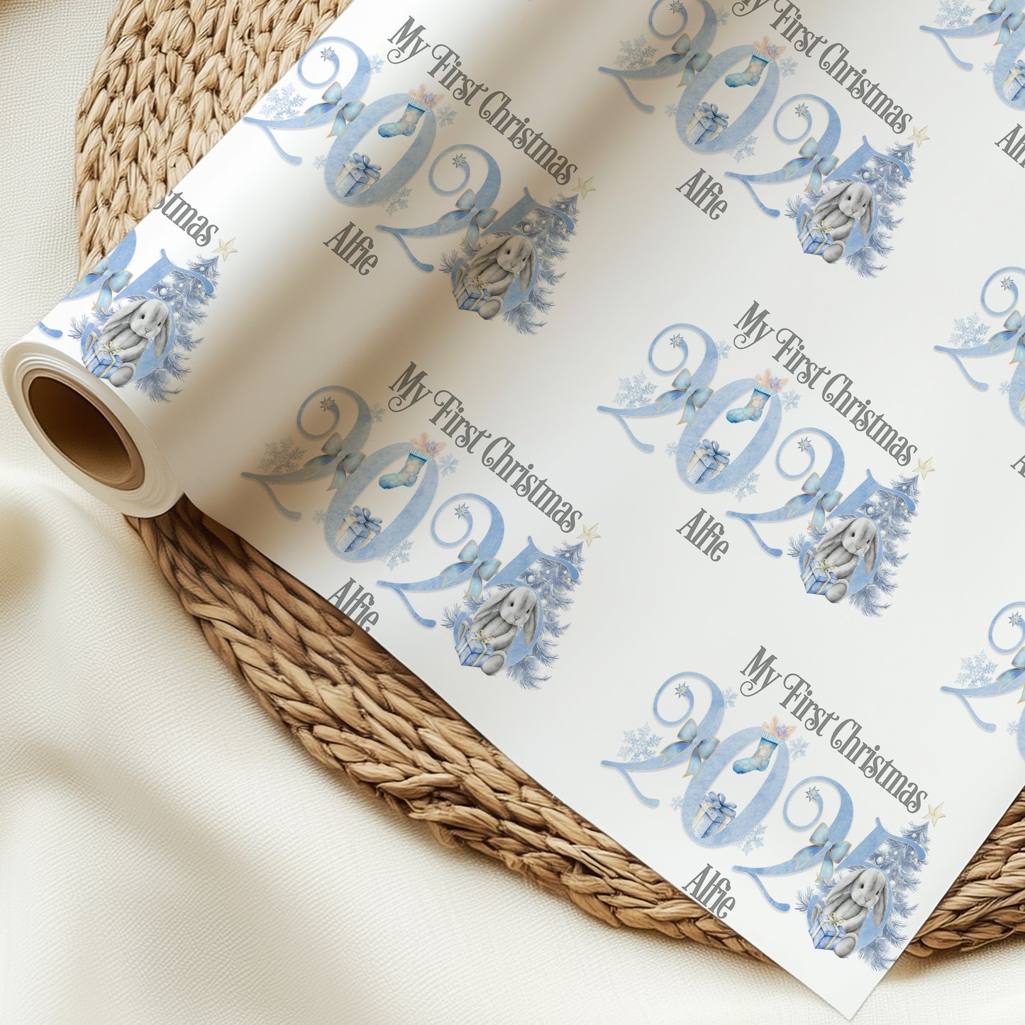 Personalised Bunny 1st Xmas Wrapping Paper Roll, First Christmas 2025 Gift Wrap, Baby Bunny Christmas gift, Wrapping paper with name
