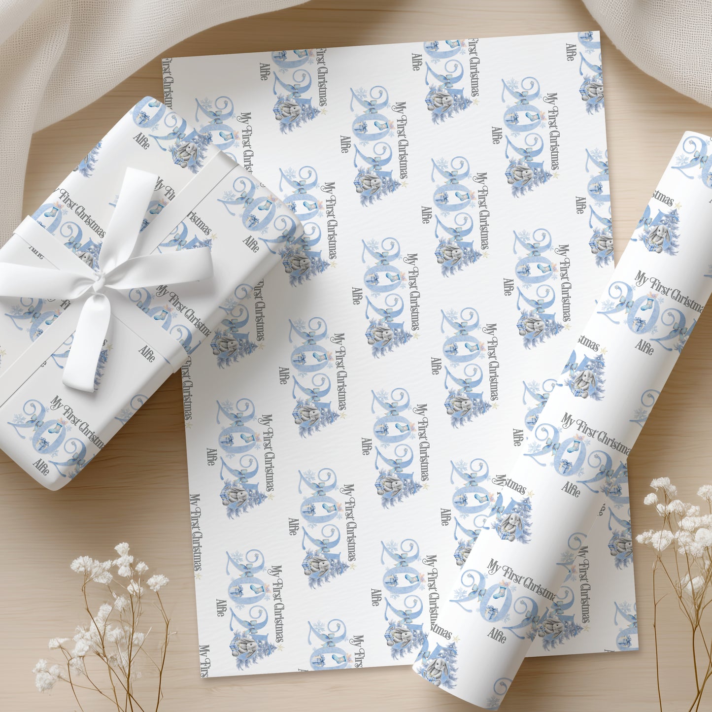 Personalised Bunny 1st Xmas Wrapping Paper Roll, First Christmas 2025 Gift Wrap, Baby Bunny Christmas gift, Wrapping paper with name