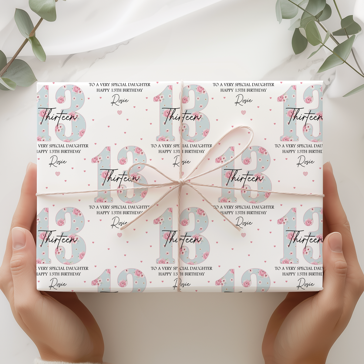 Personalised 13th Birthday Wrapping Paper – Blue Floral Gift Wrap
