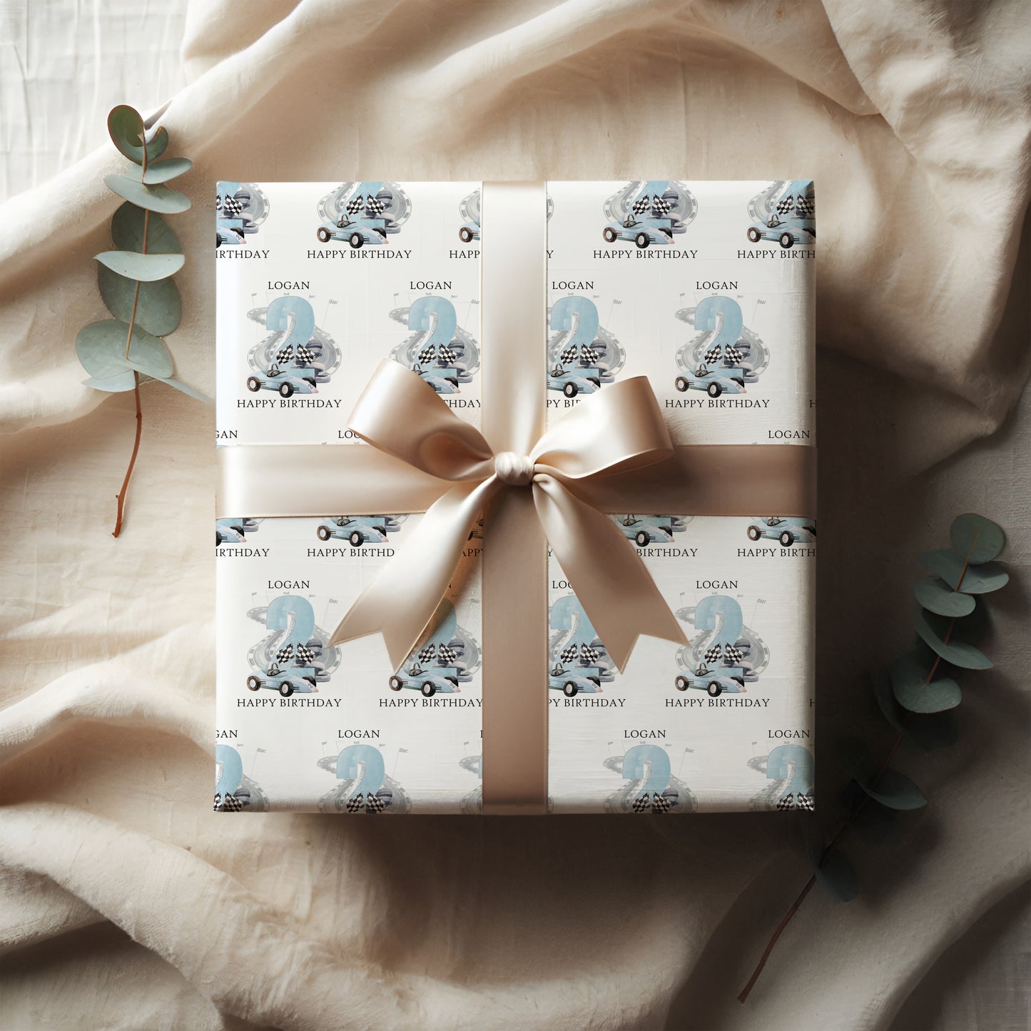 Personalised Blue Race Car Birthday Wrapping Paper