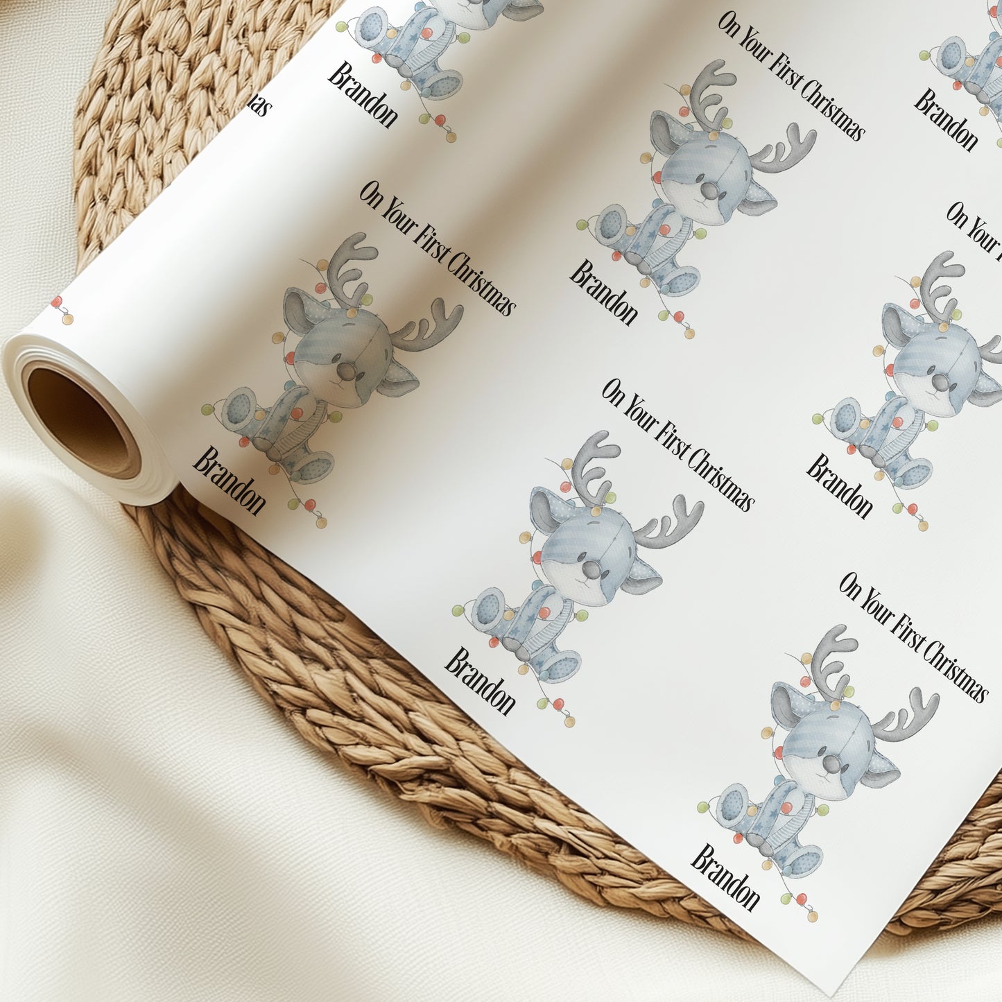Personalised Blue Reindeer Wrapping Paper
