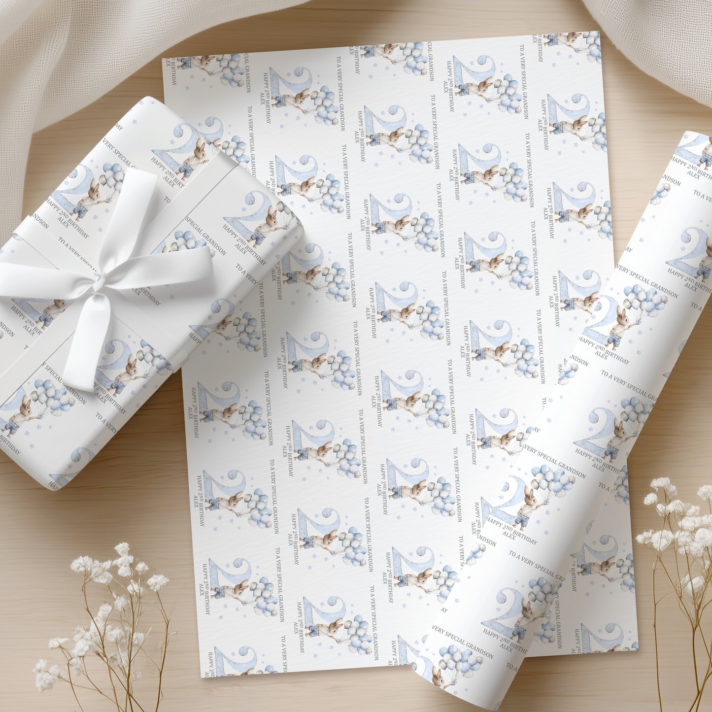 Personalised Blue Bunny Birthday Wrapping Paper