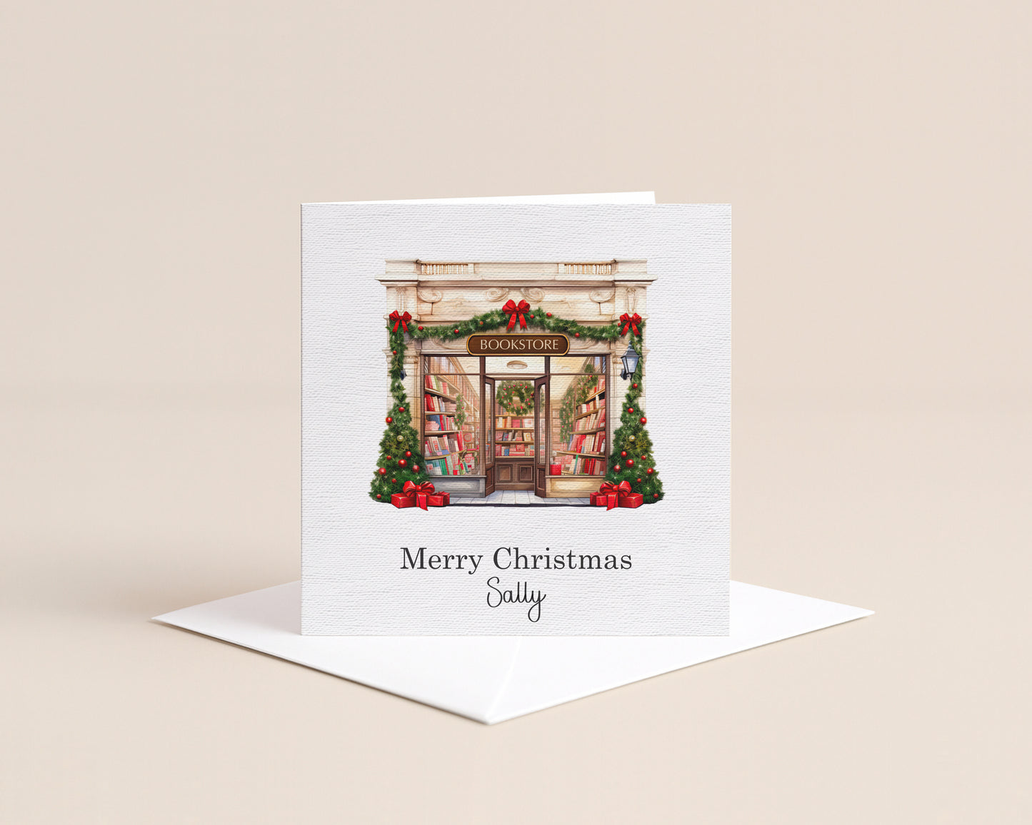 Bookshop Christmas card, Personalised book lover Christmas card