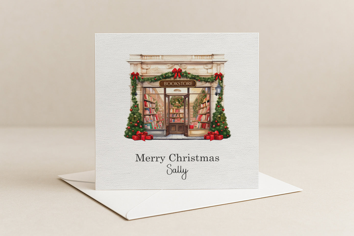 Bookshop Christmas card, Personalised book lover Christmas card