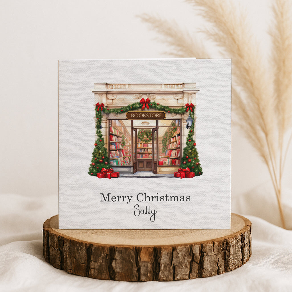 Bookshop Christmas card, Personalised book lover Christmas card