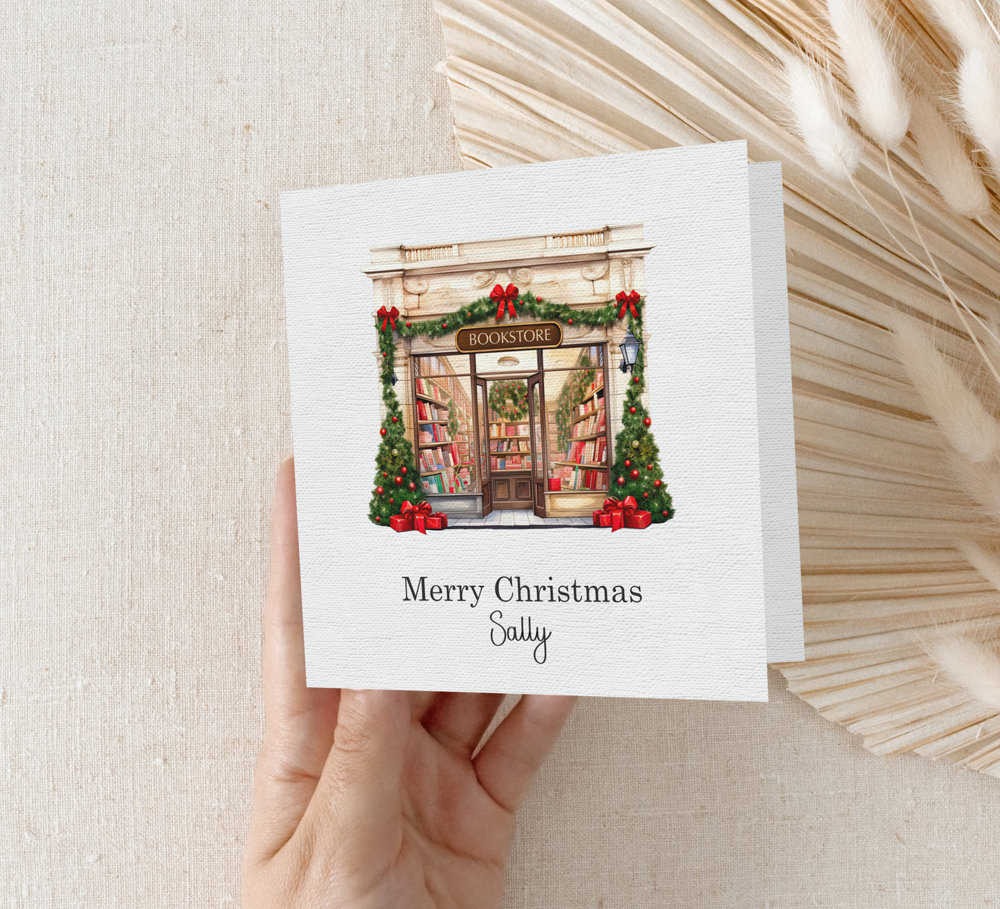 Bookshop Christmas card, Personalised book lover Christmas card