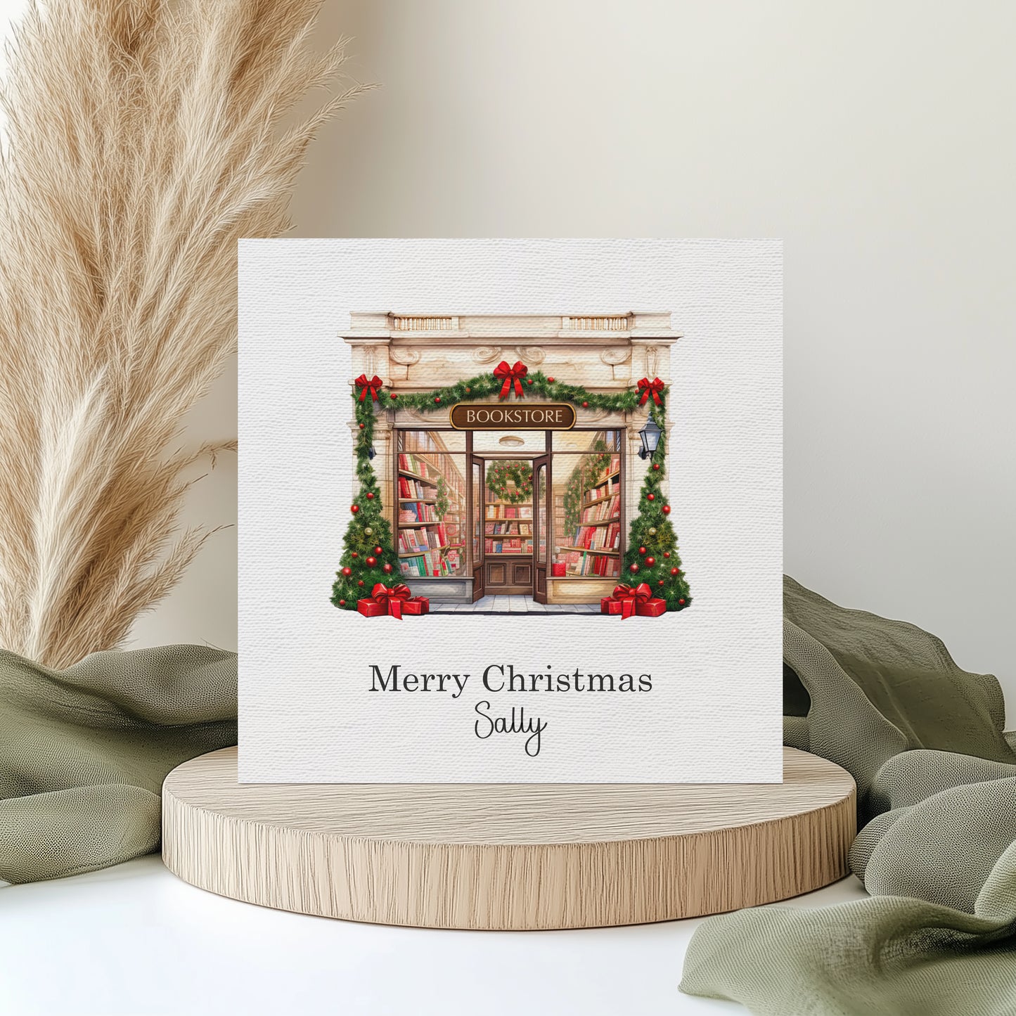 Bookshop Christmas card, Personalised book lover Christmas card