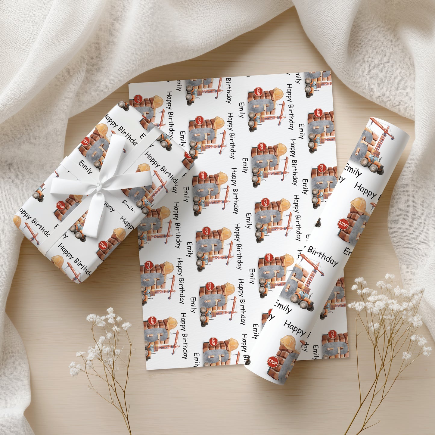 Personalised Kids Construction Theme Wrapping Paper