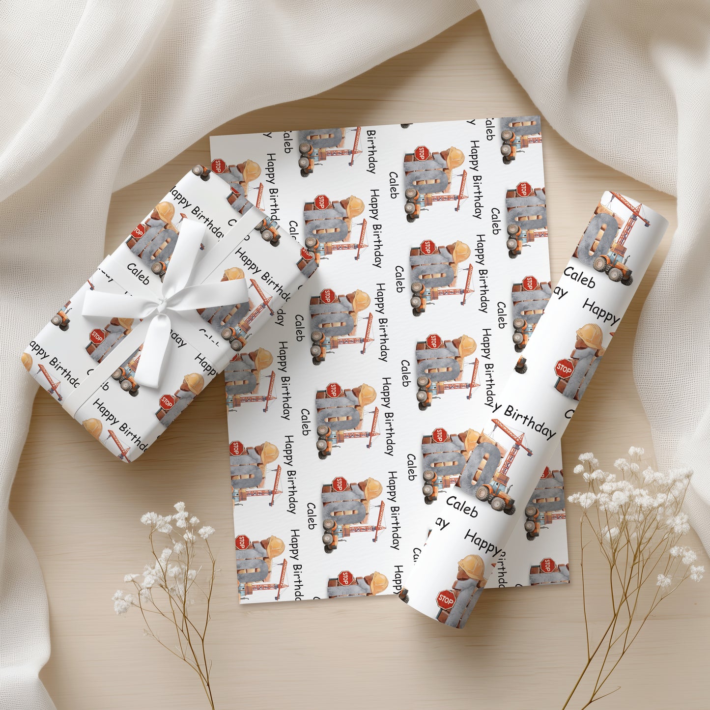 Personalised Kids Construction Theme Wrapping Paper