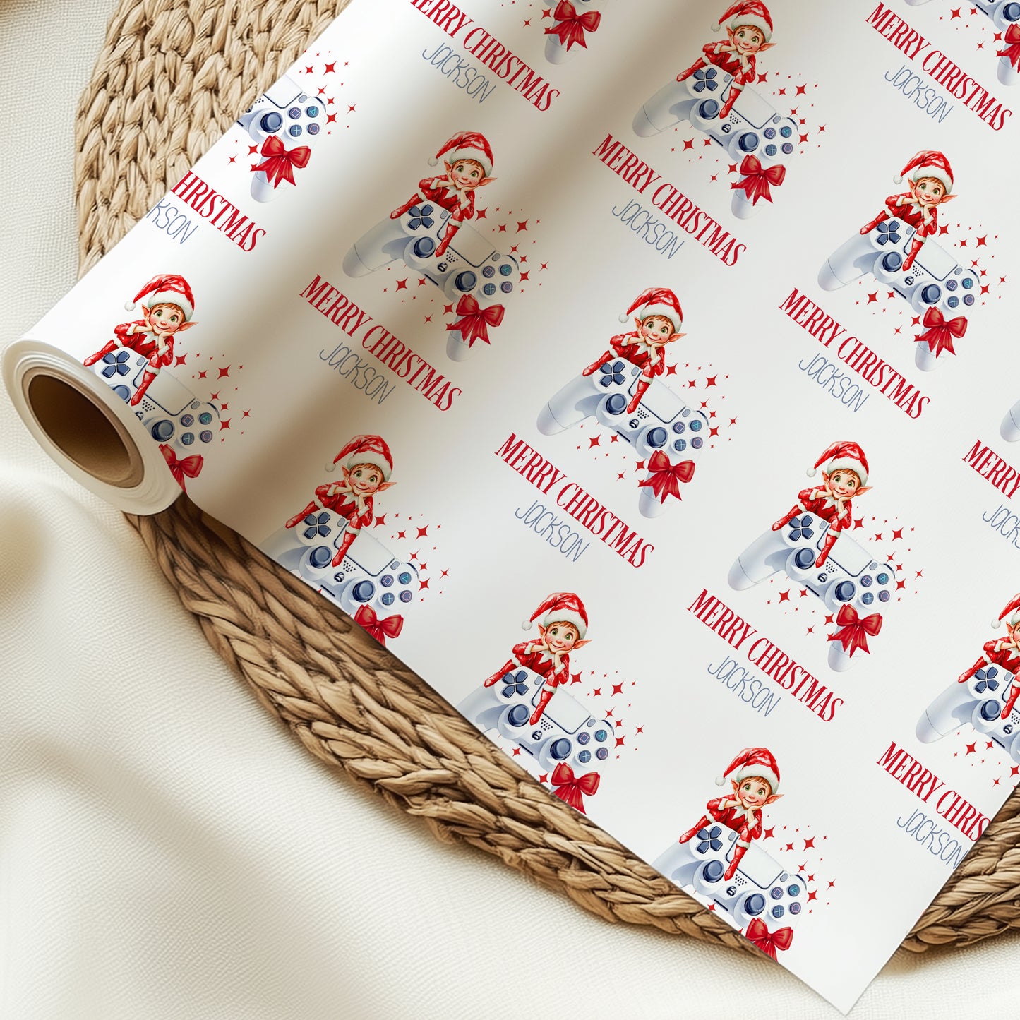 Personalised Christmas Elf Gamer Wrapping Paper