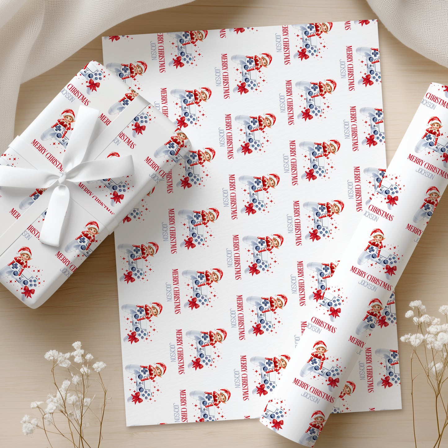 Personalised Christmas Elf Gamer Wrapping Paper