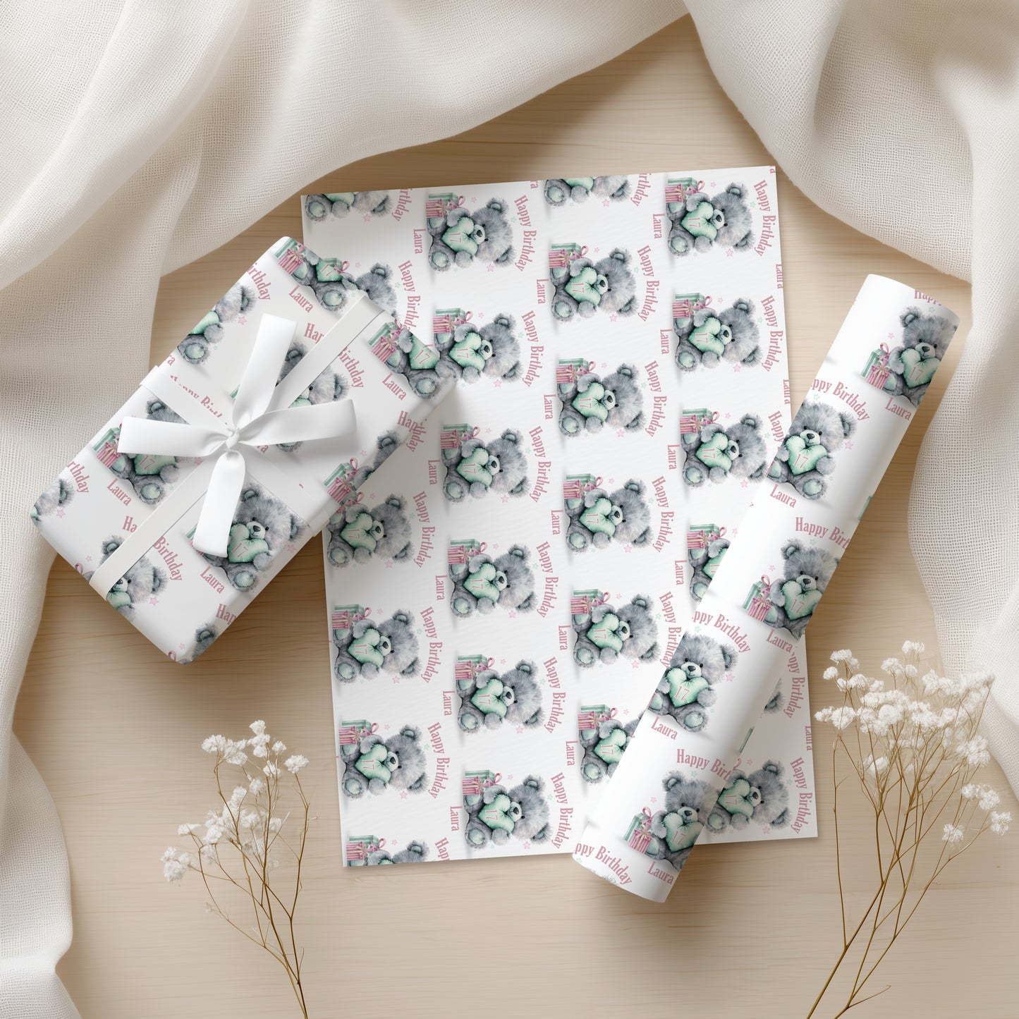Personalised Girls Tatty Bear Birthday Wrapping Paper