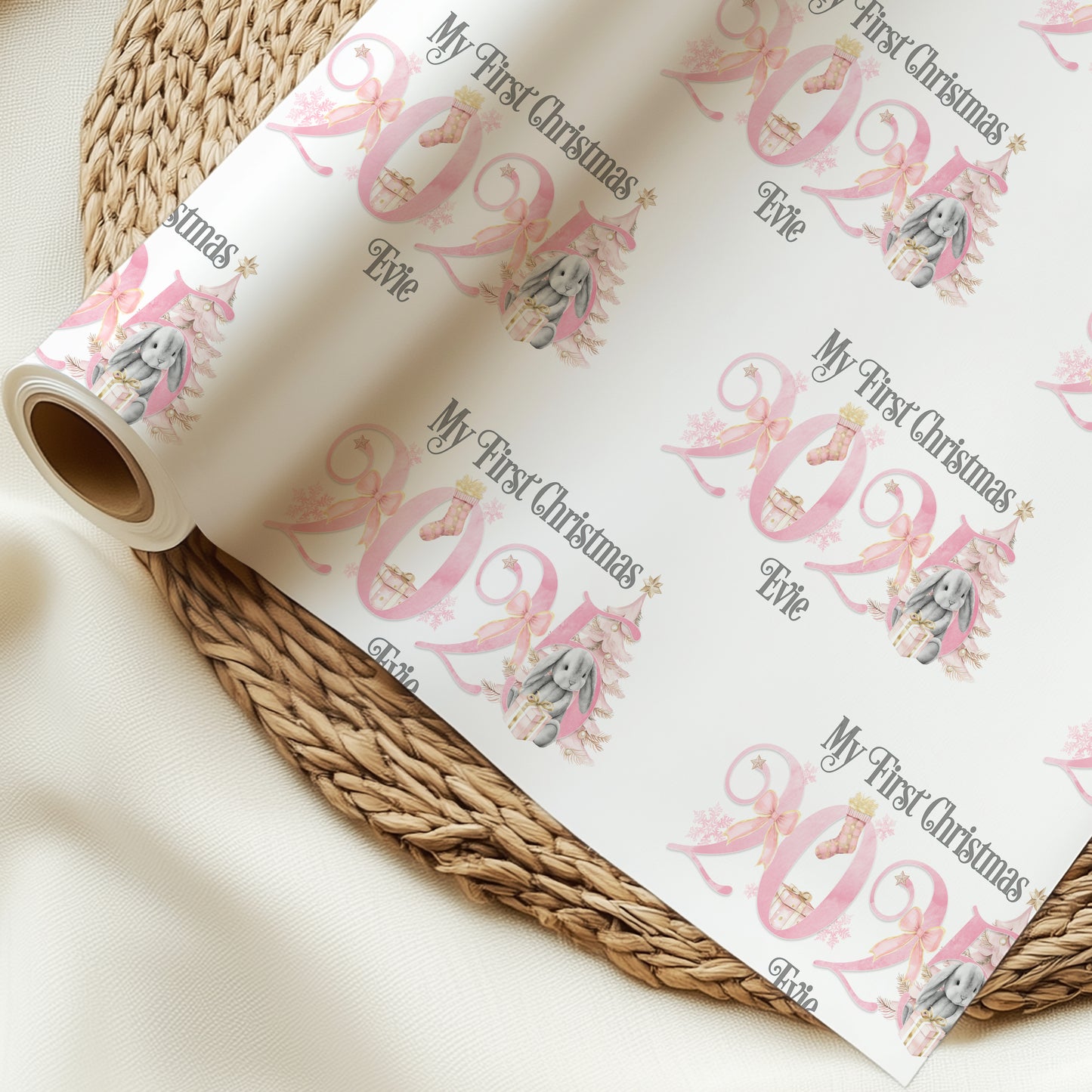 Personalised Bunny 1st Xmas Wrapping Paper Roll, First Christmas 2025 Gift Wrap, Baby Bunny Christmas gift, Wrapping paper with name