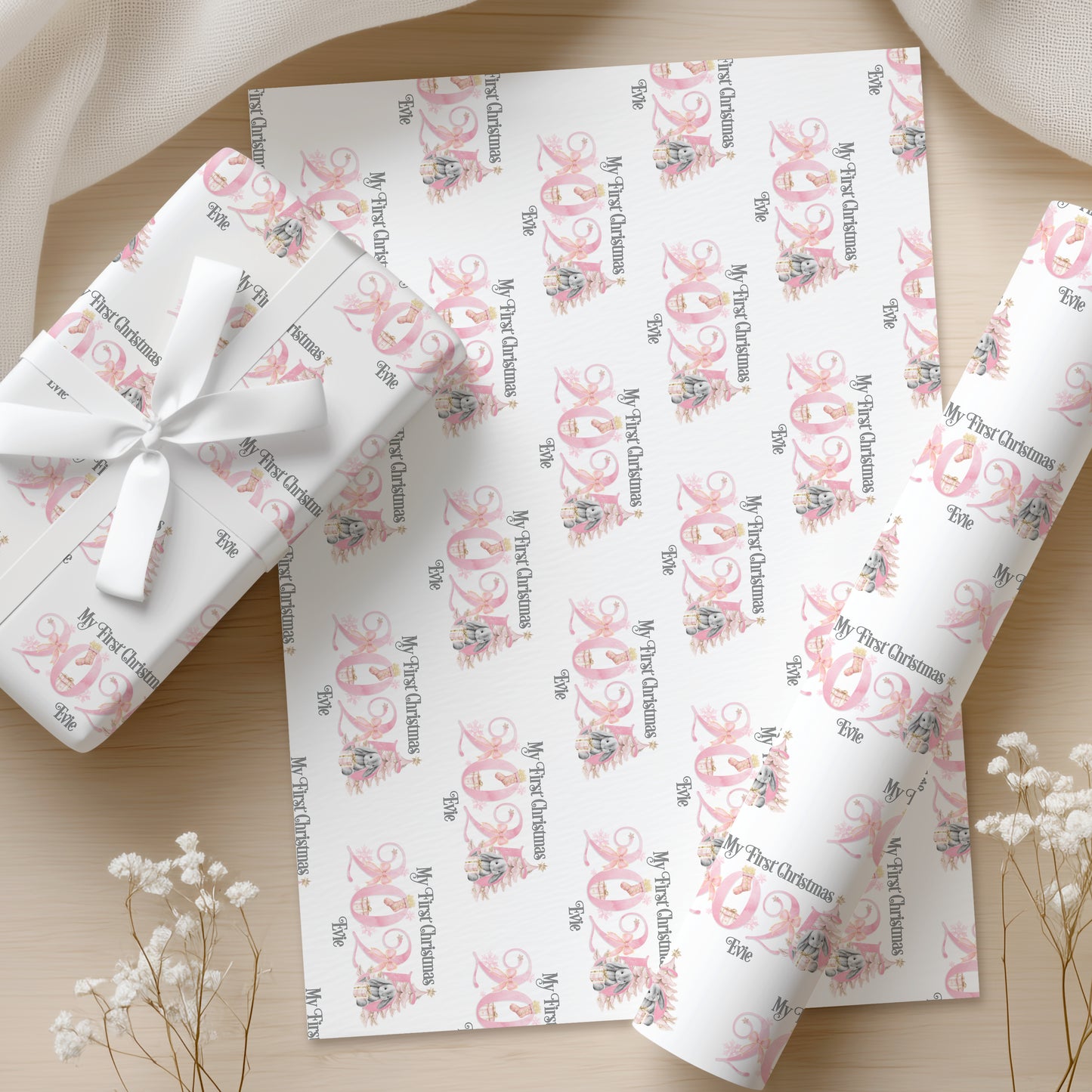 Personalised Bunny 1st Xmas Wrapping Paper Roll, First Christmas 2025 Gift Wrap, Baby Bunny Christmas gift, Wrapping paper with name
