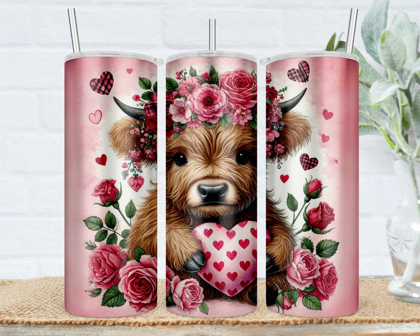 Highland cow valentines 20oz tumbler, Highland cow theme gift for her