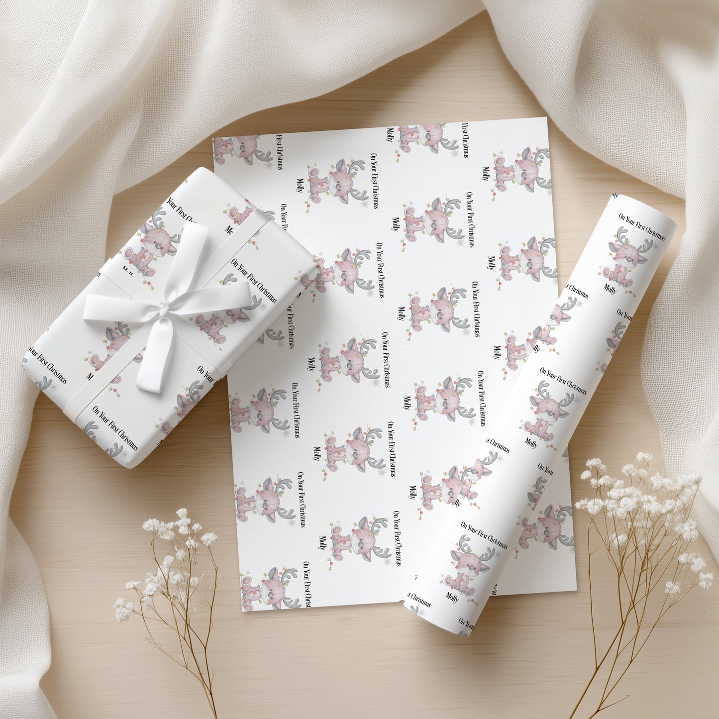 Personalised Pink Reindeer Wrapping Paper