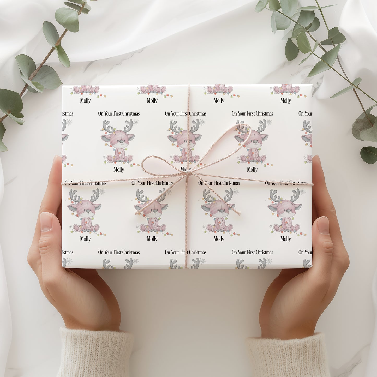Personalised Pink Reindeer Wrapping Paper