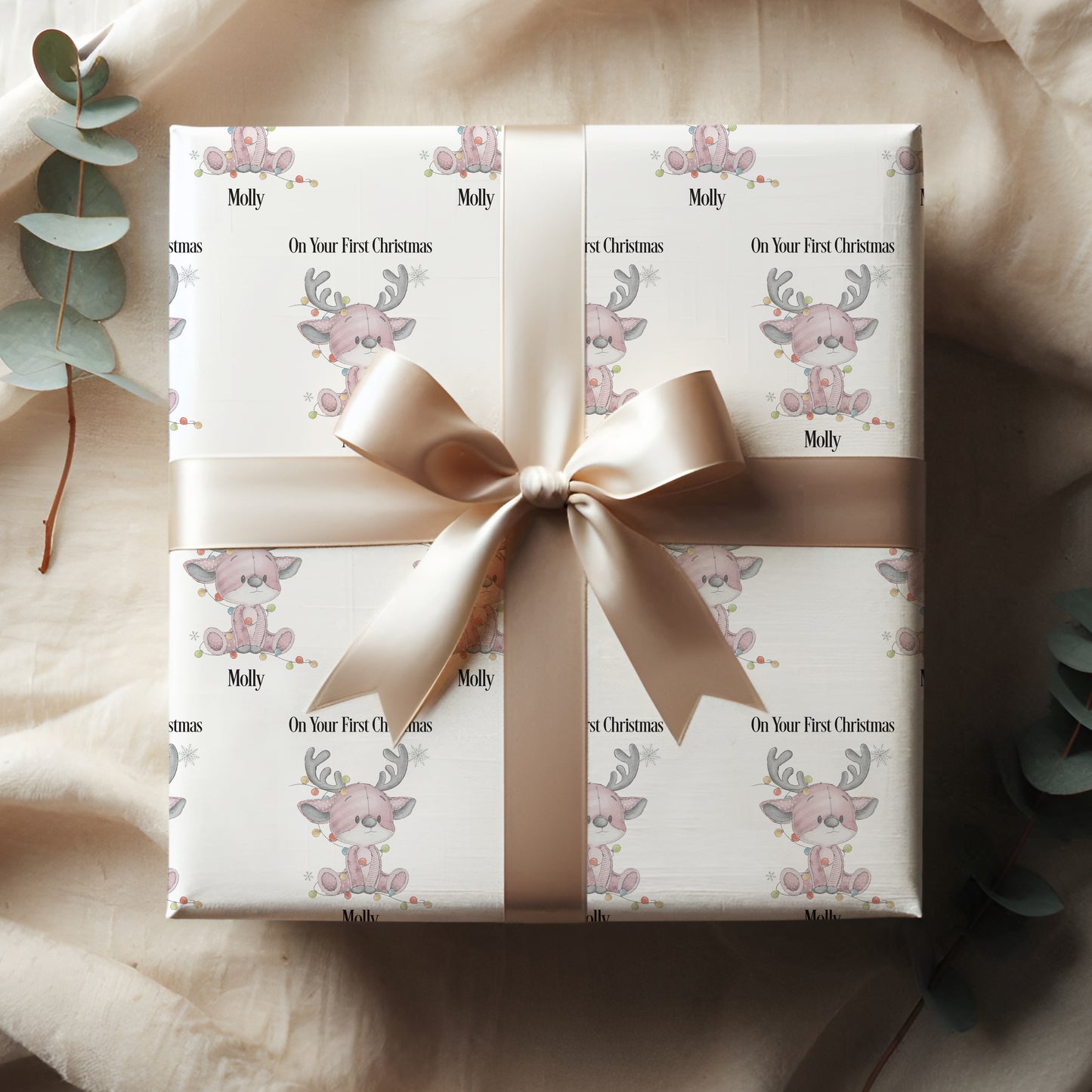 Personalised Pink Reindeer Wrapping Paper