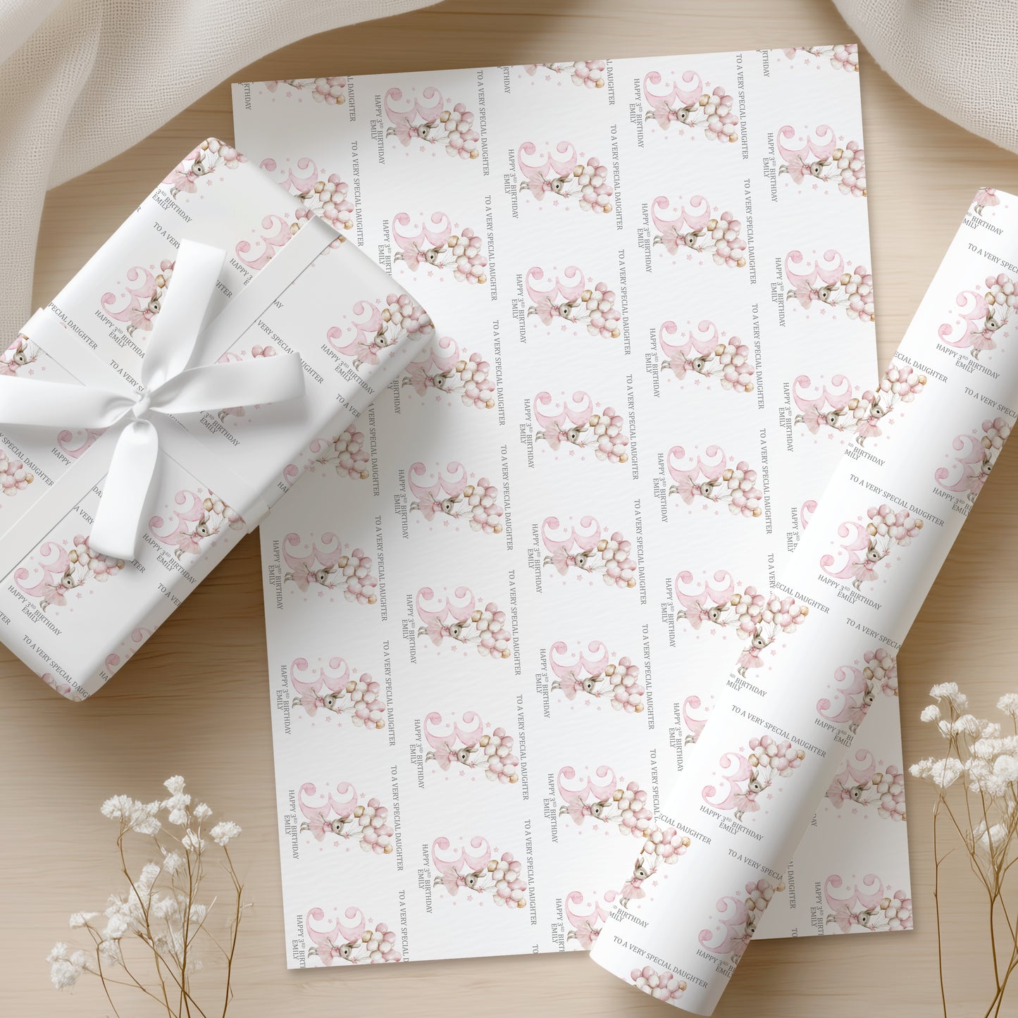 Personalised Pink Bunny Birthday Wrapping Paper