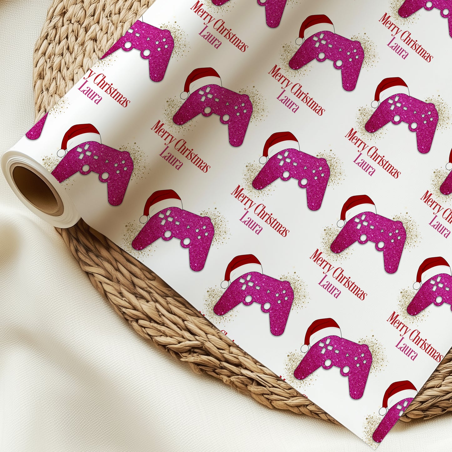 Personalised Gamer Christmas Wrapping Paper - Pink