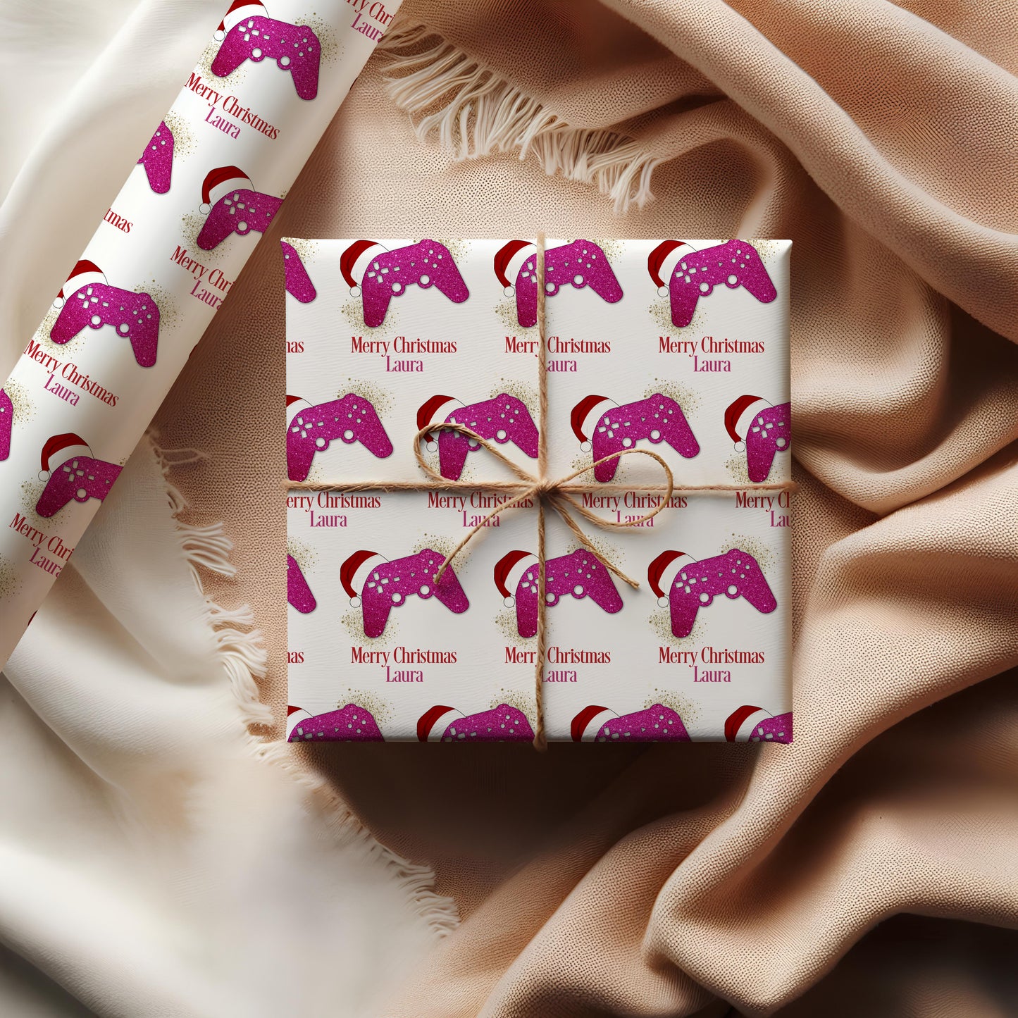 Personalised Gamer Christmas Wrapping Paper - Pink