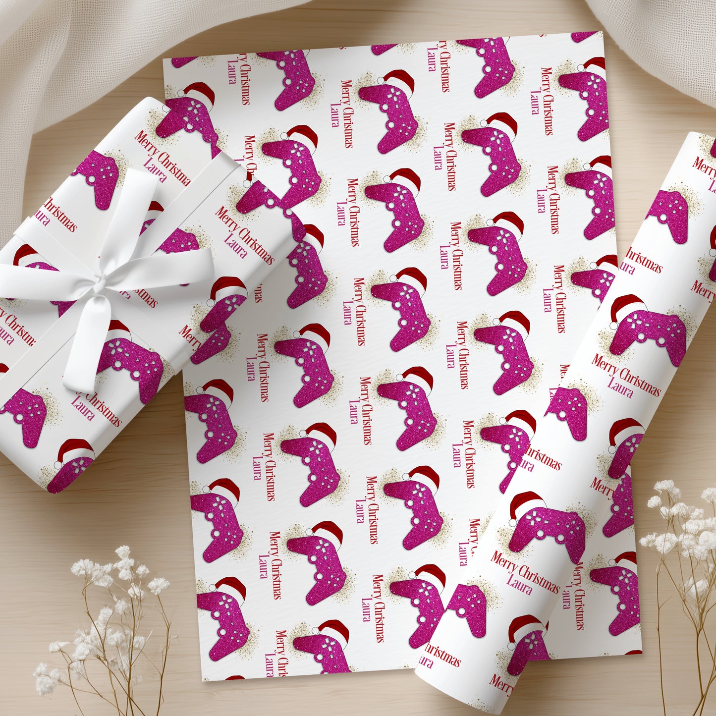 Personalised Gamer Christmas Wrapping Paper - Pink