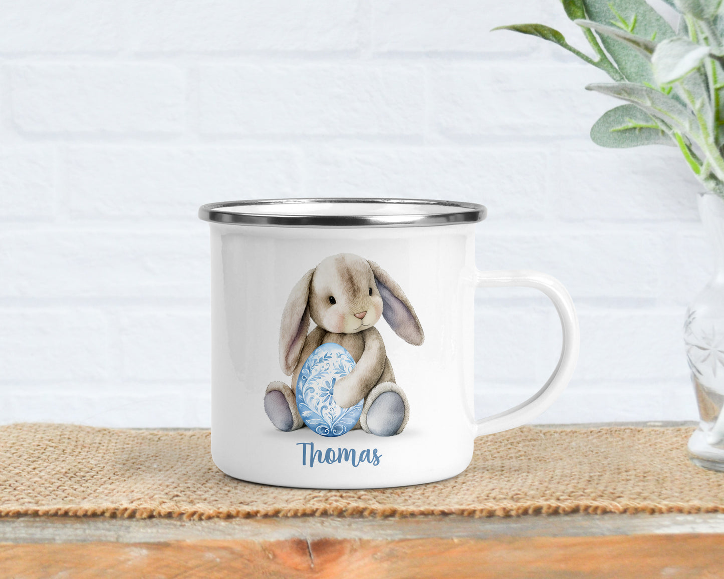 Personalised Easter Bunny Enamel Mug with Name, Custom Easter Cup, Cute Kids Hot Chocolate Cup, Gift for Kids, Egg Hunt Keepsake, Bunny Mug for Children