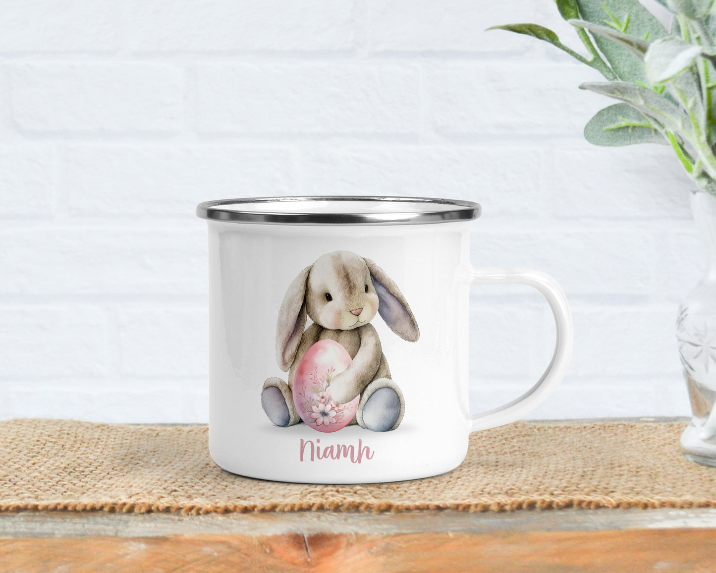 Personalised Easter Bunny Enamel Mug with Name, Custom Easter Cup, Cute Kids Hot Chocolate Cup, Gift for Kids, Egg Hunt Keepsake, Bunny Mug for Children