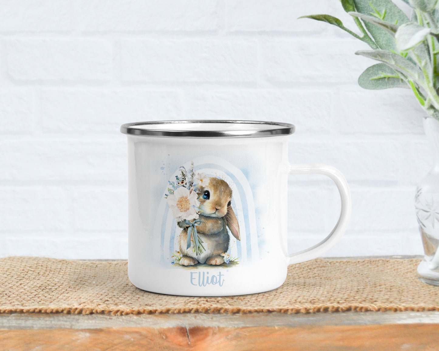 Personalised Easter Bunny Enamel Mug with Name, Custom Easter Cup, Cute Kids Hot Chocolate Cup, Gift for Kids, Egg Hunt Keepsake, Bunny Mug for Children