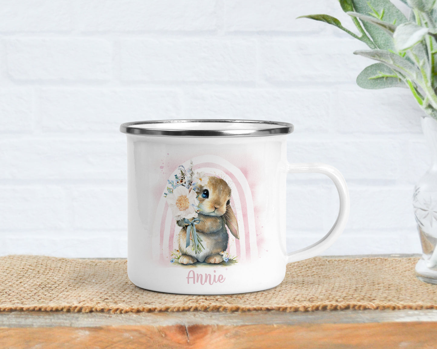Personalised Easter Bunny Enamel Mug with Name, Custom Easter Cup, Cute Kids Hot Chocolate Cup, Gift for Kids, Egg Hunt Keepsake, Bunny Mug for Children