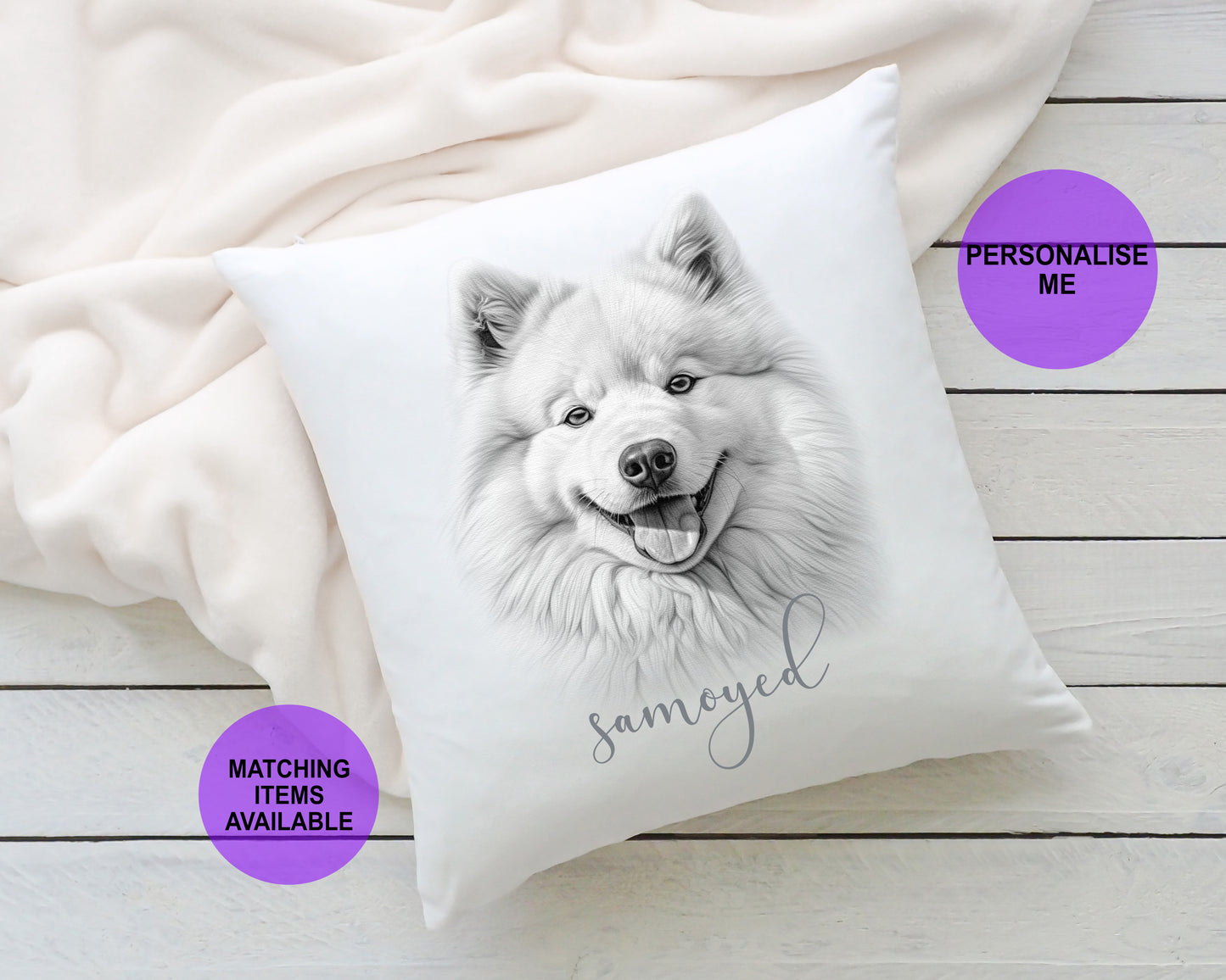 Personalised samoyed cushion, samoyed dog breed gift, personalised soft furnishings