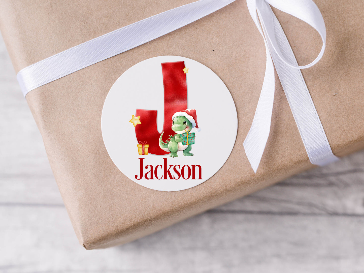 Personalised Christmas stickers, Dinosaur Christmas, Santa gift tags, custom Christmas packaging, red Christmas Santa gift packaging labels