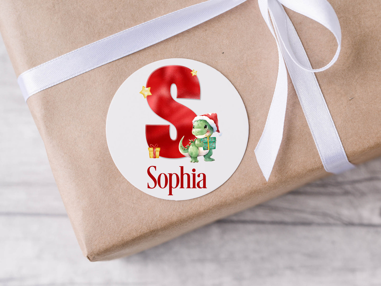 Personalised Christmas stickers, Dinosaur Christmas, Santa gift tags, custom Christmas packaging, red Christmas Santa gift packaging labels