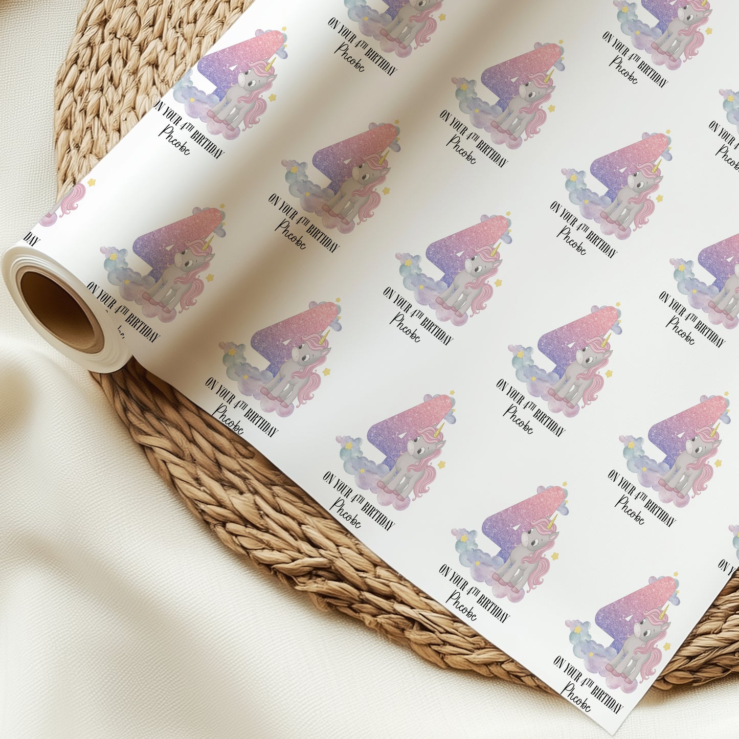 Personalised Pink Birthday Unicorn Wrapping Paper Roll