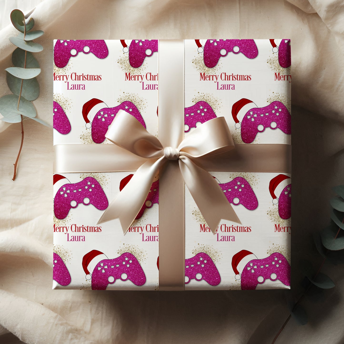 Personalised Gamer Christmas Wrapping Paper - Pink