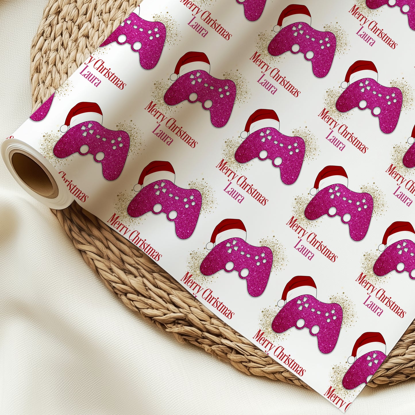 Personalised Gamer Christmas Wrapping Paper - Pink