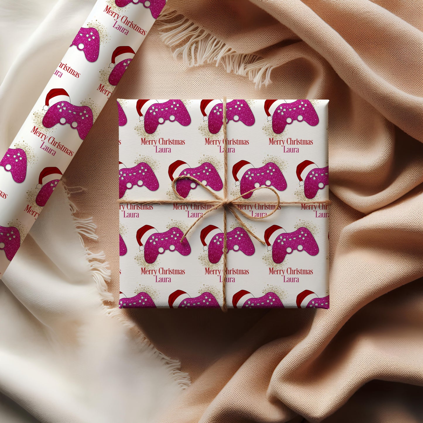 Personalised Gamer Christmas Wrapping Paper - Pink