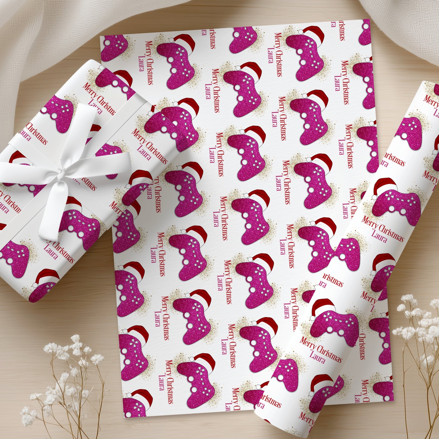 Personalised Gamer Christmas Wrapping Paper - Pink