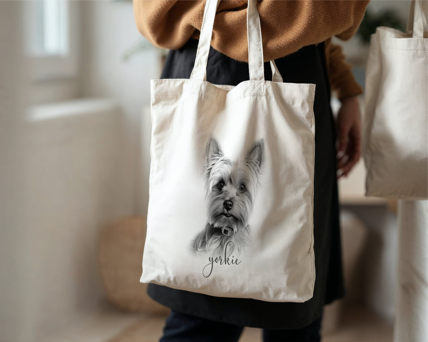 Personalised yorkie linen tote bag