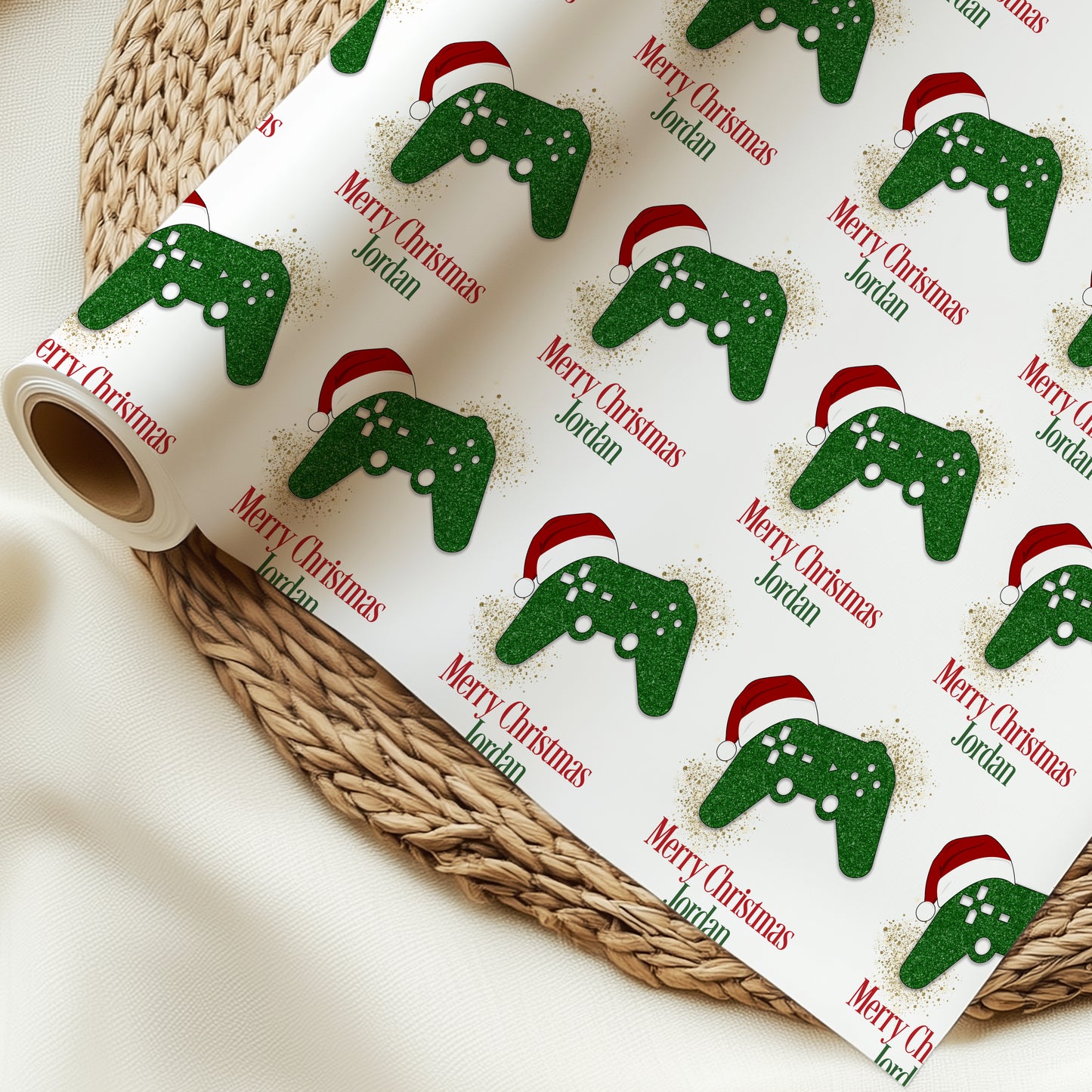 Personalised Gamer Christmas Wrapping Paper - Green