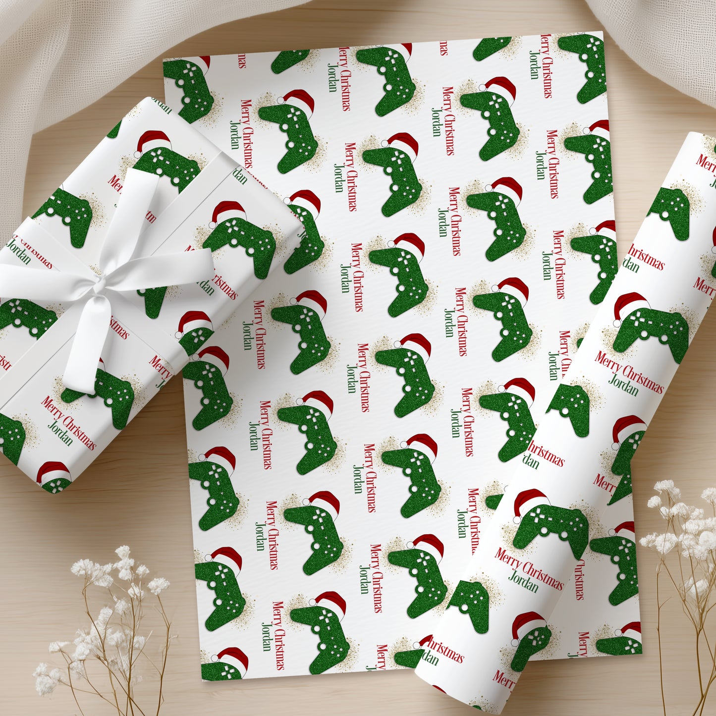 Personalised Gamer Christmas Wrapping Paper - Green