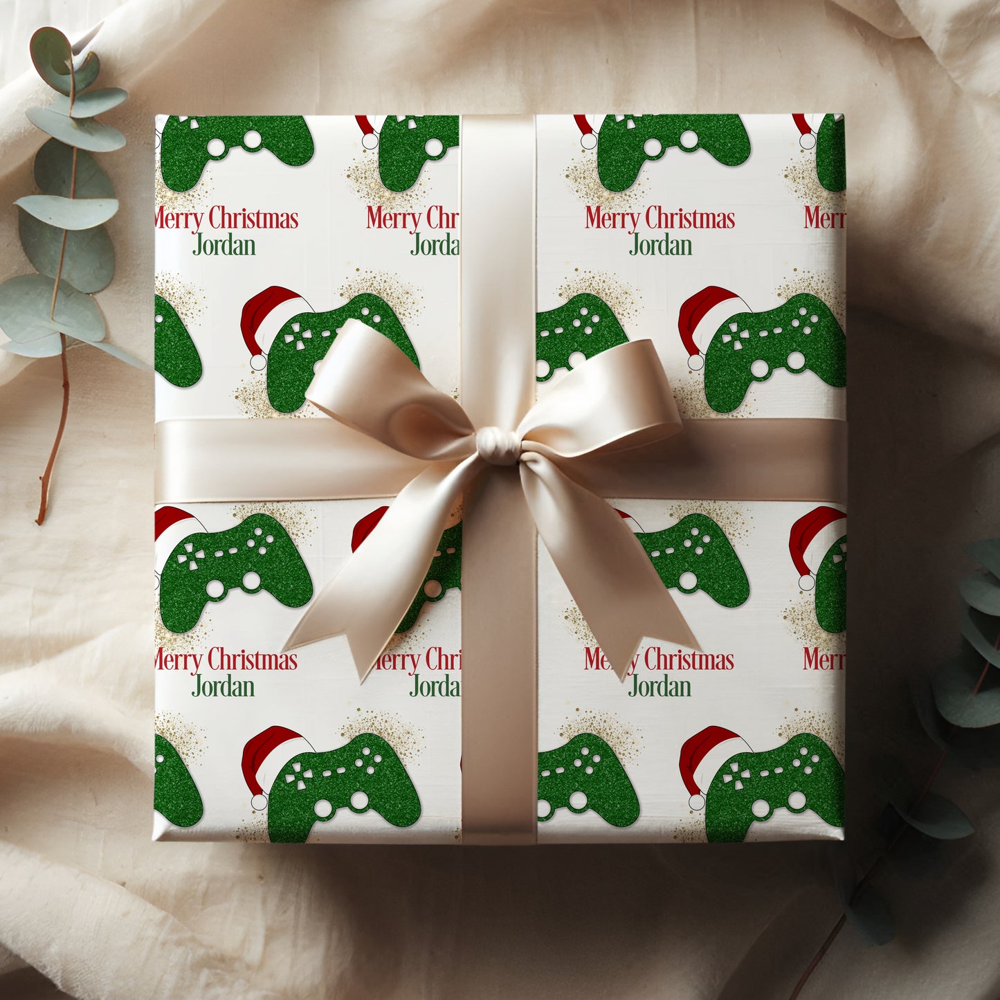 Personalised Gamer Christmas Wrapping Paper - Green