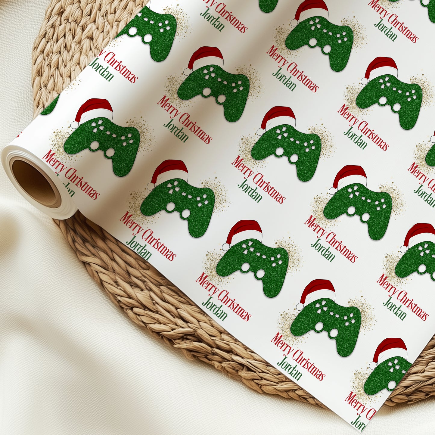 Personalised Gamer Christmas Wrapping Paper - Green