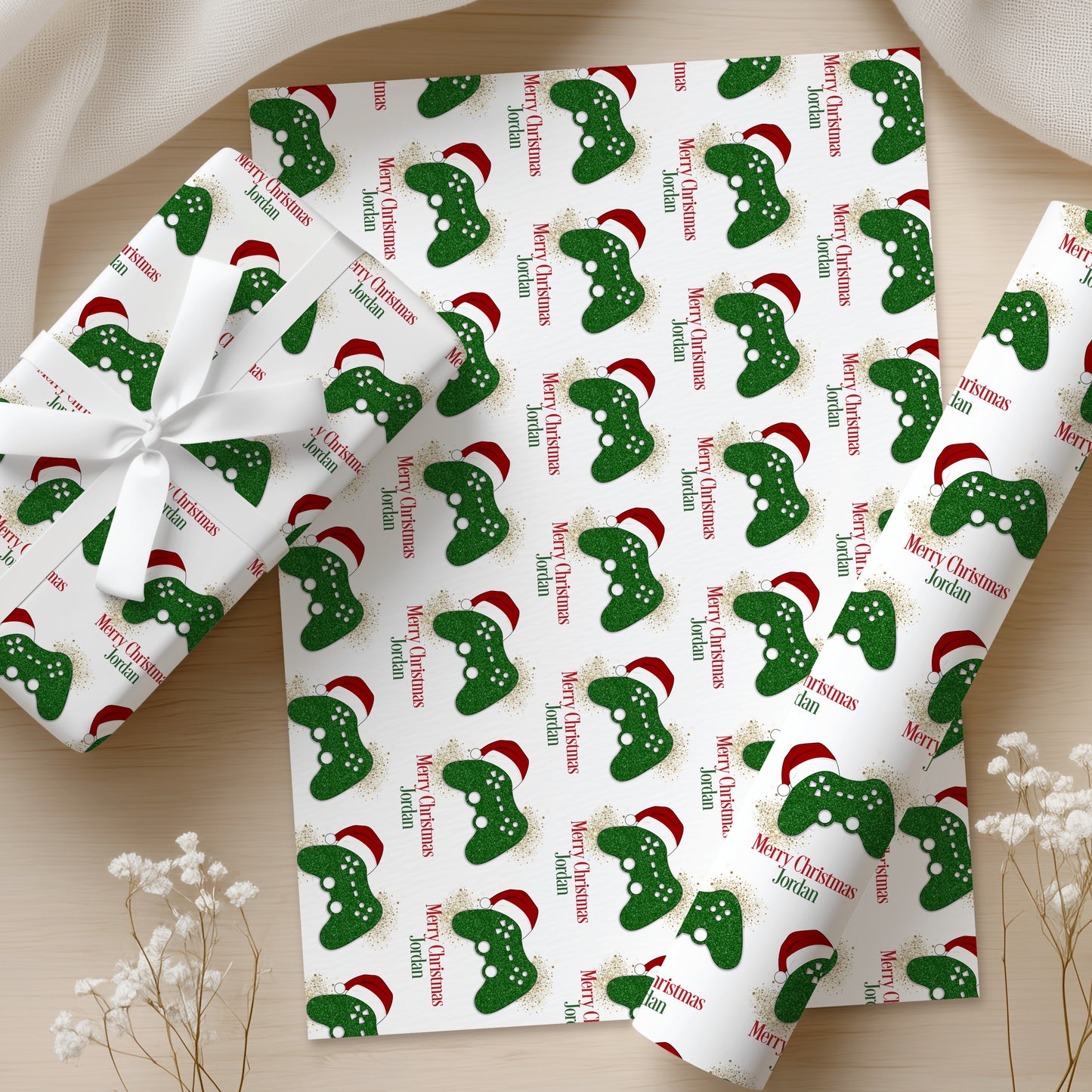 Personalised Gamer Christmas Wrapping Paper - Green